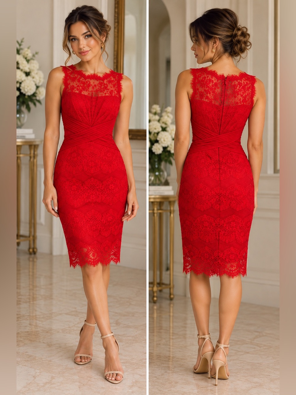 Tadashi Shoji Red Lace Ruched Criss Cross Sheath Dress HOCO Cocktail 0 NWOT